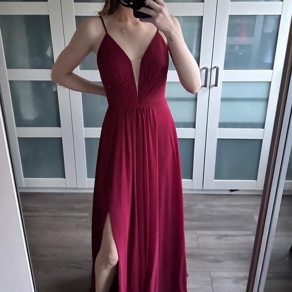 SOLD Red floor length formal prom dress with leg side slit and v neck - Picture 2 of 5